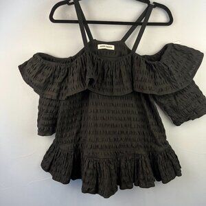 Henrik Vibskov Black Cold Shoulder Ruffle Blouse Textured Linen/Cotton Blend